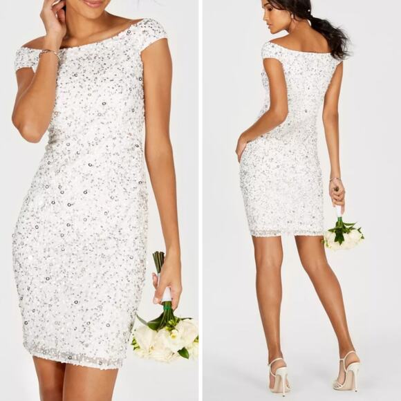NWT ADRIANNA PAPELL DRESS 10 WHITE SEQUIN BEADED OFF SHOULDER SHORT BRIDAL BRIDE - Picture 1 of 16